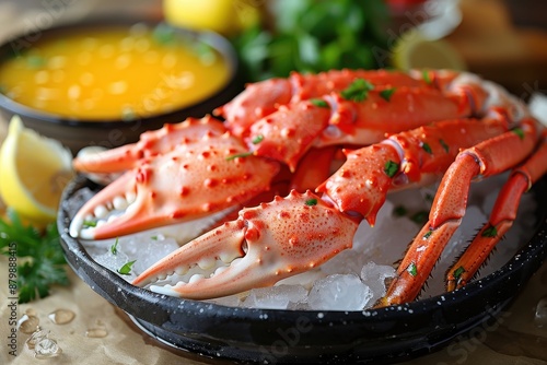 A serving of Alaskan king crab legs, presented on a bed of crushed ice with lemon wedges and a bowl of melted butter. photo