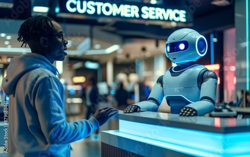 A customer service AI robot assisting a man in a modern store, demonstrating the use of robotics in enhancing customer experiences and providing digital assistance