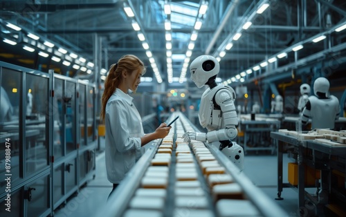 A woman and an AI robot working together on a production line, highlighting the integration of robotics in manufacturing and industrial automation