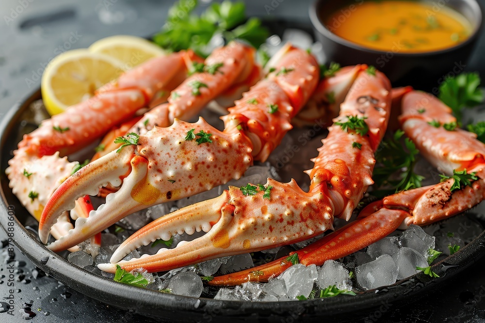 A serving of Alaskan king crab legs, presented on a bed of crushed ice with lemon wedges and a bowl of melted butter. A serving of Alaskan king crab legs, presented on a bed of crushed ice with lemon wedges and a bowl of melted butter.