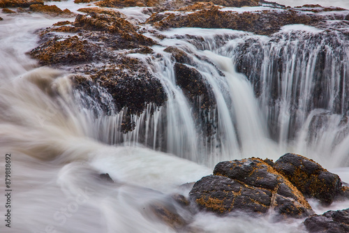 Cascading Waterfall Over Mossy Rocks Long Exposure from Elevated Angle