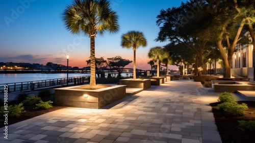 Palm trees in the park at sunset. Panoramic view © Iman