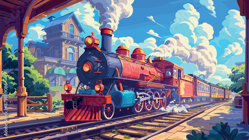 Vintage Steam Locomotive Arriving Station Game Background Cartoon Game Level Illustration Railway Transportation Train Engine Retro Arrival Platform Adventure Illustration