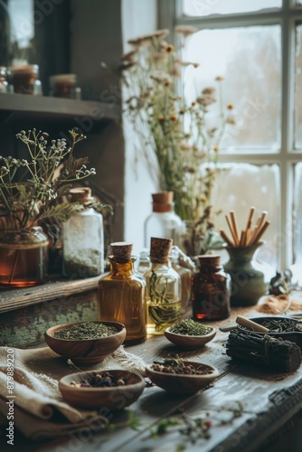 Tranquil herbal apothecary setting, showcasing organic cosmetics alongside gathered dried herbs