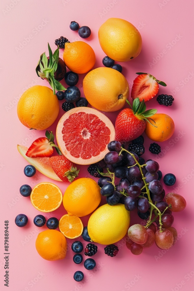 Variety of summer fruits arranged in a flat lay pink background, creating vibrant summer wallpaper Variety of summer fruits arranged in a flat lay pink background, creating vibrant summer wallpaper