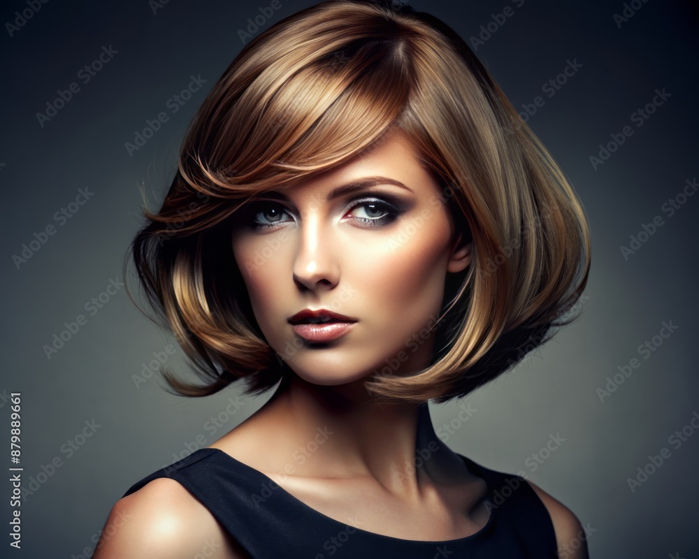 Studio portrait of a woman with a sleek layered haircut, emphasizing layers and movement. Studio portrait of a woman with a sleek layered haircut, emphasizing layers and movement.