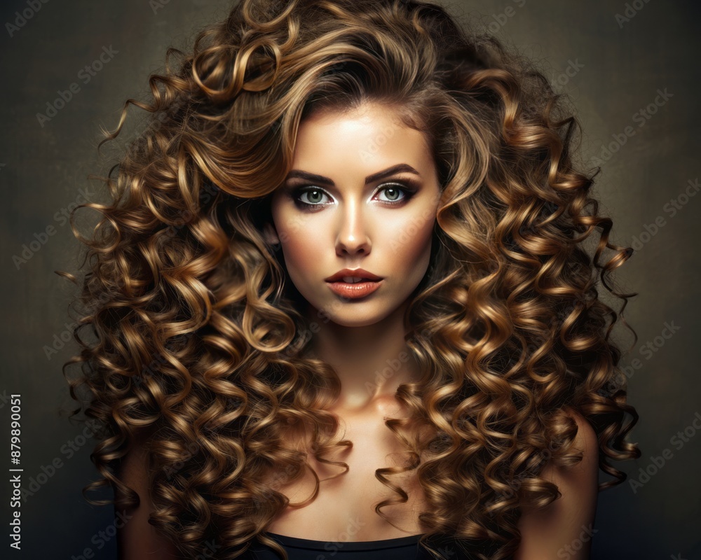 Fototapeta premium Studio portrait of a woman with a voluminous curly hairstyle, highlighting natural curls.