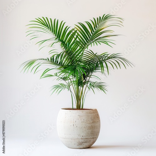 A palm tree in a sleek ceramic planter, placed against a simple white background.