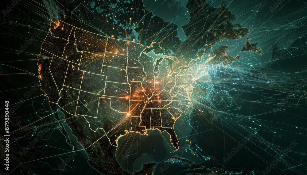 Visually striking abstract digital representation of the USA showcases intricate network Visually striking abstract digital representation of the USA showcases intricate network