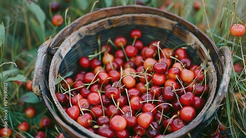  Wooden basket with cherries on green grass and red berries in foreground