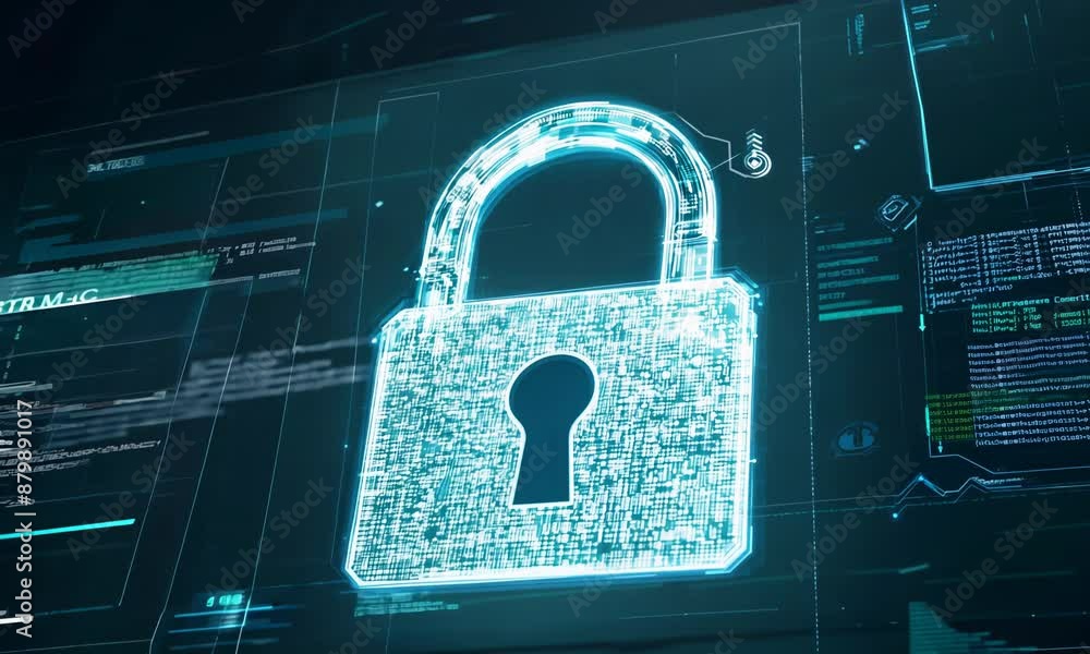 A digital security lock icon displayed on a high-tech interface, symbolizing cybersecurity, data protection, and online privacy. Suitable for technology, IT security, and digital safety themes