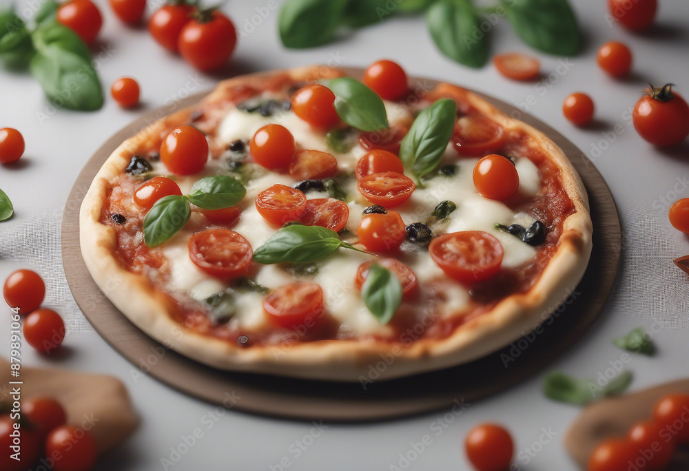 A gourmet pizza with a thin crust topped with mozzarella cherry tomatoes basil and a drizzle of oliv A gourmet pizza with a thin crust topped with mozzarella cherry tomatoes basil and a drizzle of oliv