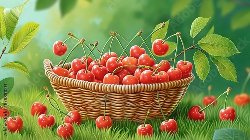 Cherry Basket on Green Field with Tree Background