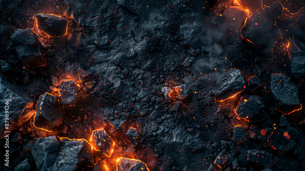 Top view of rocks and lit coal, night scene, battlefield ruins, red and orange lights, cinematic colors,generative ai Top view of rocks and lit coal, night scene, battlefield ruins, red and orange lights, cinematic colors,generative ai
