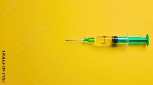 Yellow background highlighting a syringe with green medicinal fluid representing minimal healthcare concept