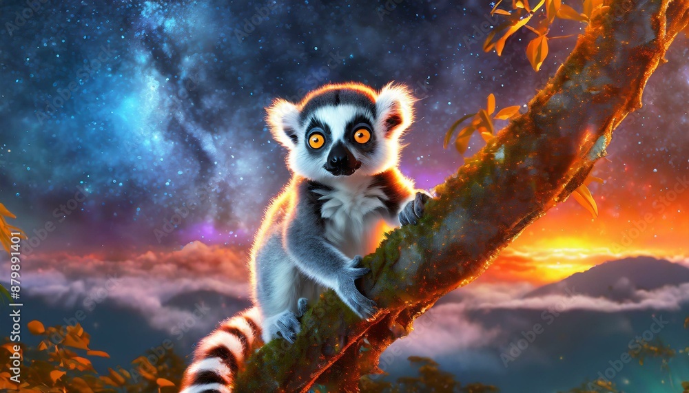 Dreamy lemur in the evening under a galaxy filled sky Dreamy lemur in the evening under a galaxy filled sky