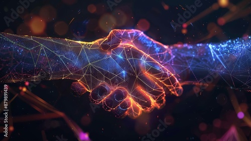 The digital handshake symbolizes future collaboration and technological partnership in a modern and innovative way