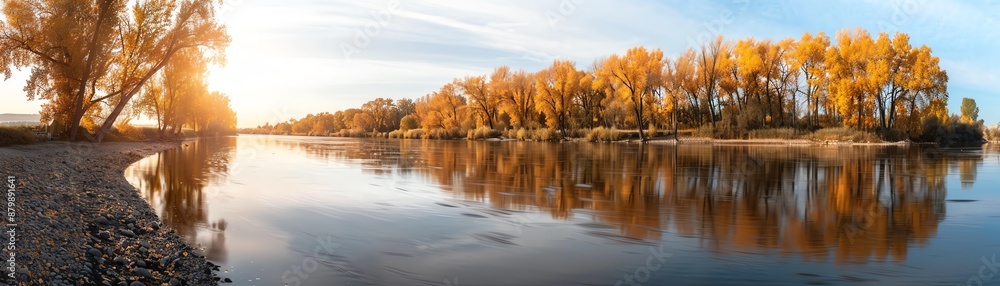 Stunning autumn landscape with vibrant golden trees reflecting in a calm river during sunset, creating a peaceful and serene atmosphere. Stunning autumn landscape with vibrant golden trees reflecting in a calm river during sunset, creating a peaceful and serene atmosphere.