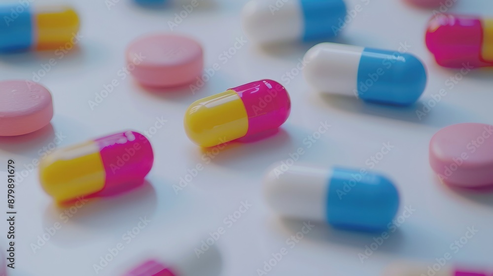 Various vibrant pills on white surface Medication in tablet and capsule form Various vibrant pills on white surface Medication in tablet and capsule form