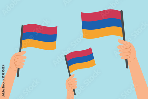 People hands raising flags of Armenia. Vector illustration of Armenian flags in flat style on blue background.