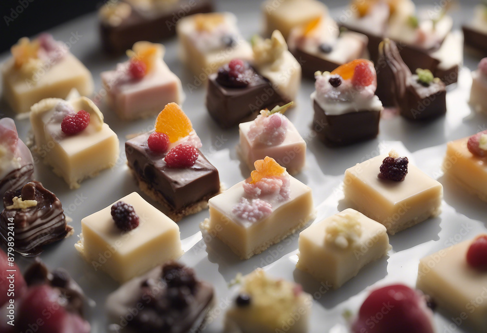 A plate of delicate petit fours with assorted fillings and icings elegantly decorated and arranged i A plate of delicate petit fours with assorted fillings and icings elegantly decorated and arranged i