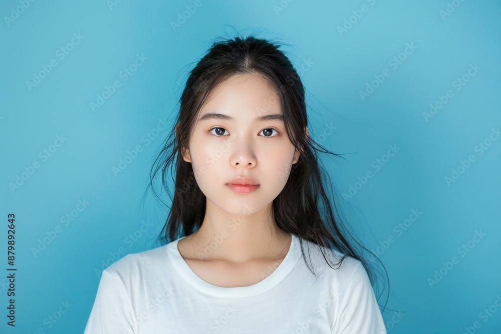 Portrait of lovely young asian american girl look empty space wear shirt isolated on blue color background Portrait of lovely young asian american girl look empty space wear shirt isolated on blue color background