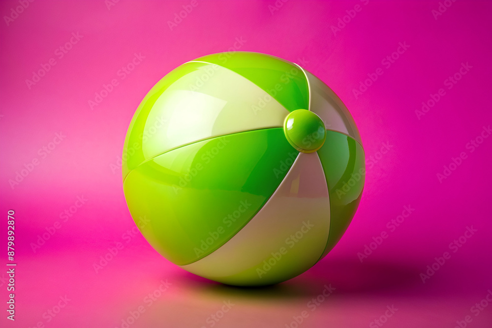 A green and white beach ball sits on a pink background. The ball is the main focus of the image, and it is a toy or a decoration. The pink background adds a touch of color and creates a playful A green and white beach ball sits on a pink background. The ball is the main focus of the image, and it is a toy or a decoration. The pink background adds a touch of color and creates a playful