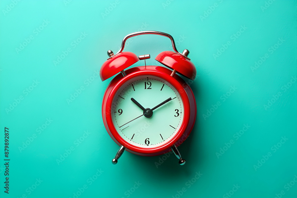 A red alarm clock with a white face showing the time of 10:30. The clock is placed on a blue background A red alarm clock with a white face showing the time of 10:30. The clock is placed on a blue background