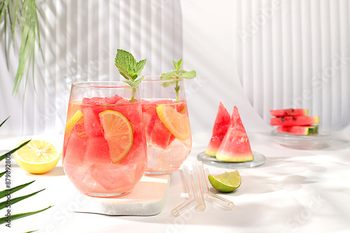 Ice cold homemade lemonade or cocktail with mint, watermelon and fruit, a recipe for a refreshing summer drink. Two glasses with fruit drink on sunny table, detox diet and weight loss concept, 