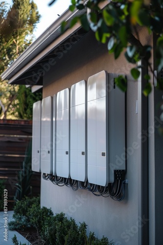 Generic battery packs mounted a home garage wall, showcasing sustainable energy storage solutions photo