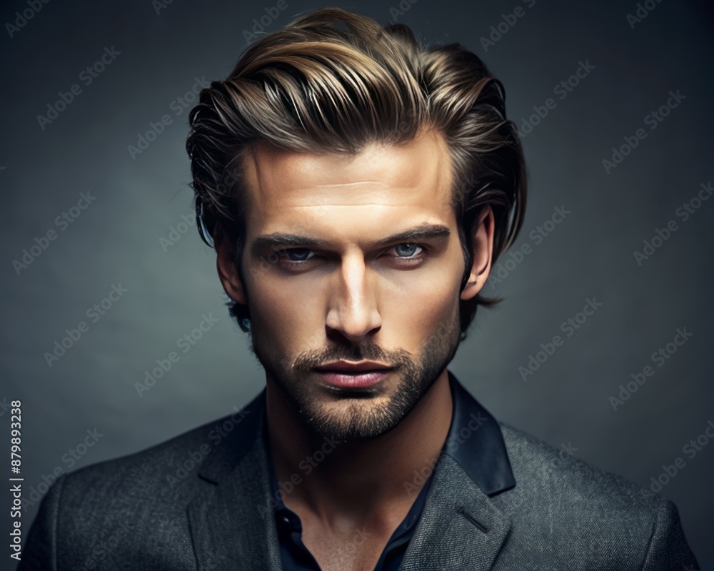 Studio portrait of a man with a tousled slick-back hairstyle, emphasizing a messy yet styled look. Studio portrait of a man with a tousled slick-back hairstyle, emphasizing a messy yet styled look.