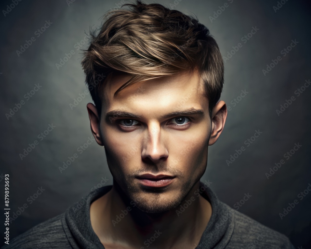 Studio portrait of a man with a pixie cut hairstyle, featuring short and textured hair. Studio portrait of a man with a pixie cut hairstyle, featuring short and textured hair.