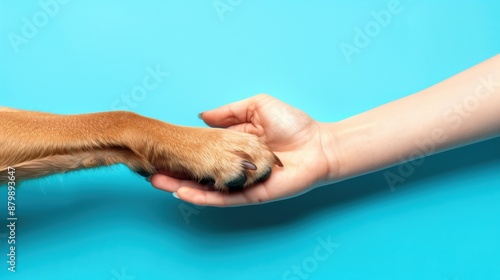 Dog paw and human hand are doing a handshake isolated on a bright vibrant blue background. Creative animal or dog shelter concept. Minimal banner for animal friendship advertisement with copy space.