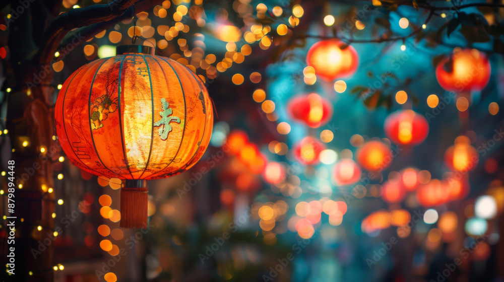A lit orange lantern hangs from a tree A lit orange lantern hangs from a tree