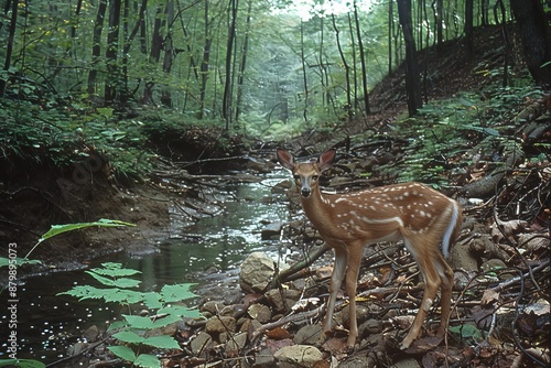 Young Fawn Standing Near a Creek in a Wooded Area During the Day photo