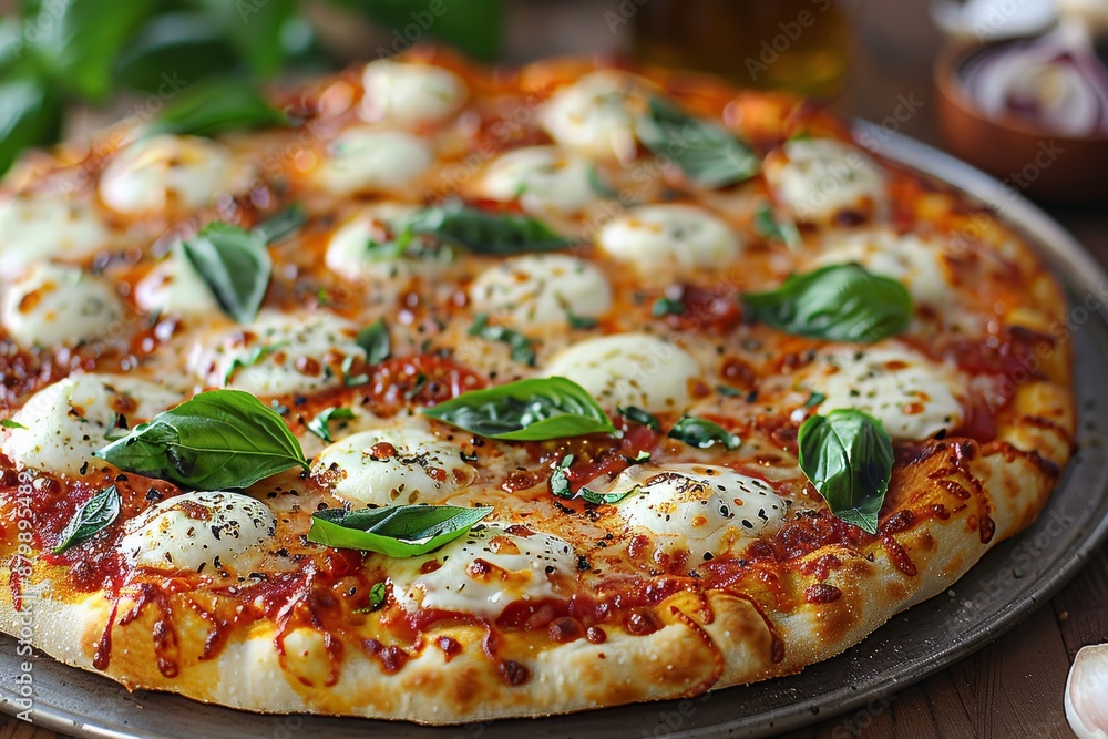 Pizza with tomato sauce, mozzarella, and fresh basil leaves. Generative AI Pizza with tomato sauce, mozzarella, and fresh basil leaves. Generative AI