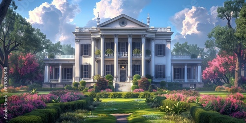 A regal Southern plantation house, with its grand columns, sweeping verandas, and lush gardens, captures the romance and history of the antebellum South