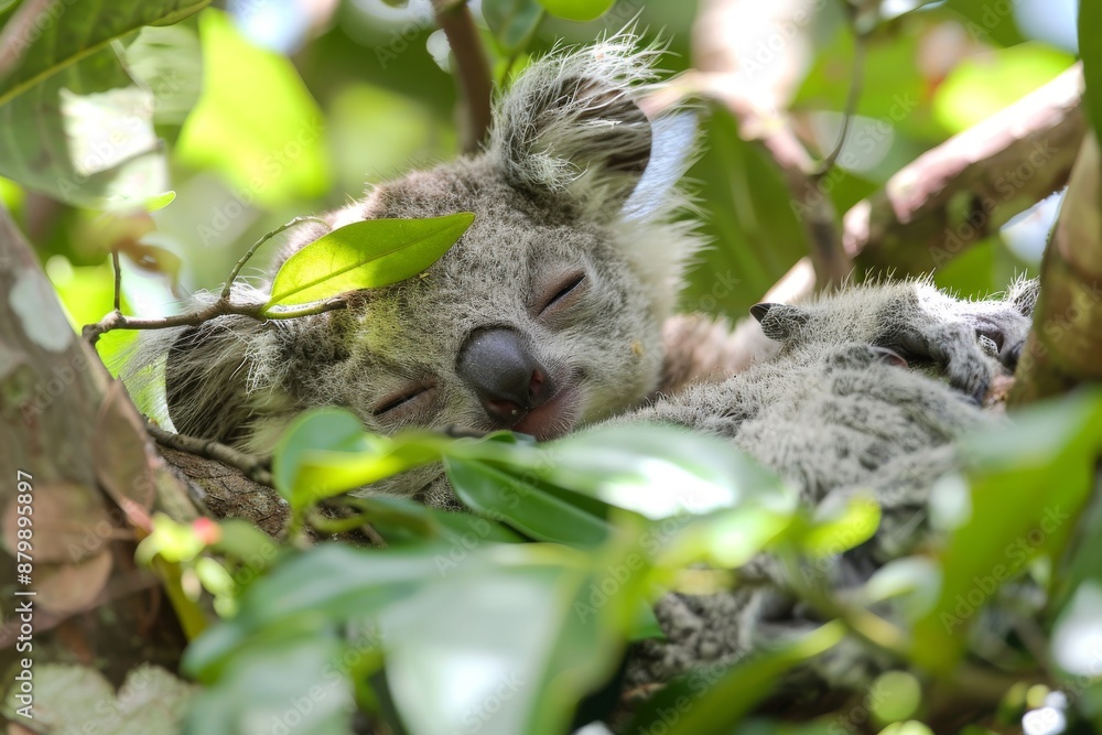 Fototapeta premium Sleeping Koala Bear Cub In Australian Rainforest Canopy