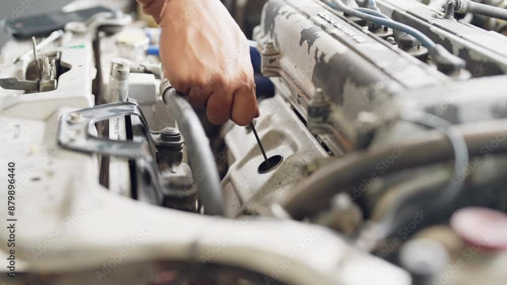 A mechanic is working on a car engine. Concept of focus and concentration as the mechanic carefully inspects and repairs the engine. The scene suggests that the mechanic is skilled A mechanic is working on a car engine. Concept of focus and concentration as the mechanic carefully inspects and repairs the engine. The scene suggests that the mechanic is skilled