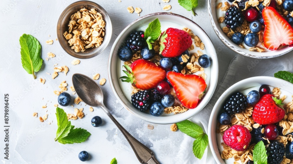 Two bowls of granola topped with fresh strawberries and blueberries, perfect for a healthy breakfast or snack Two bowls of granola topped with fresh strawberries and blueberries, perfect for a healthy breakfast or snack