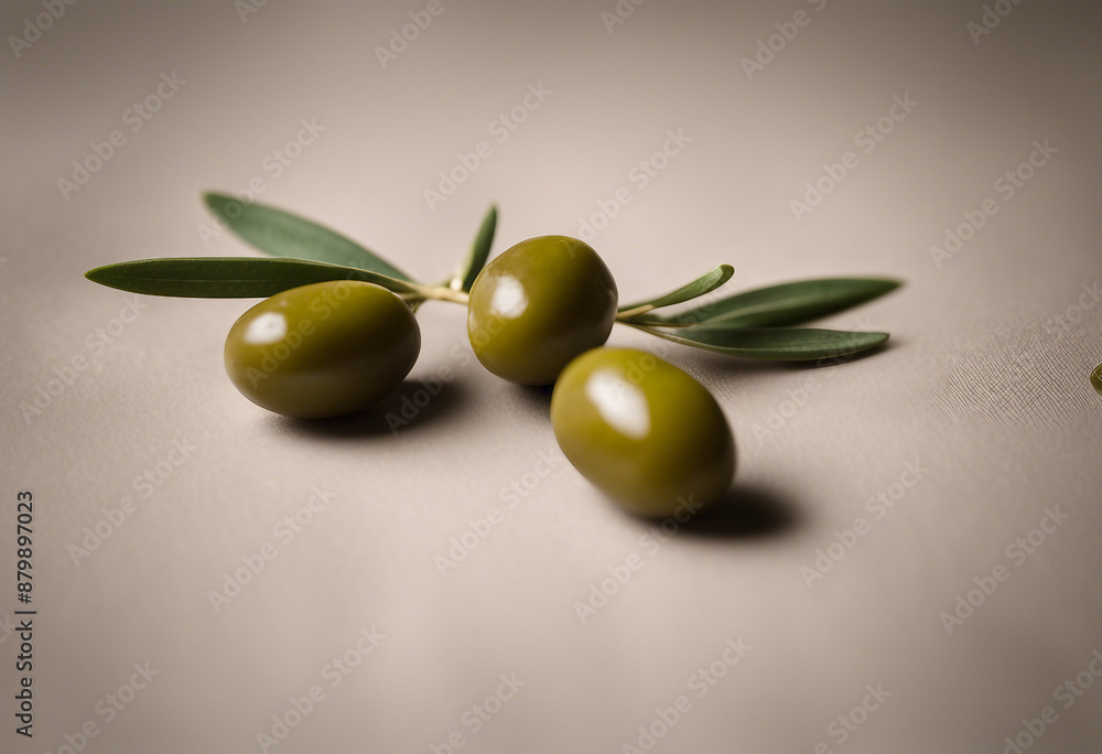 Fresh olive twig with several green olives on it typical for mediterranean countries like Italy or G Fresh olive twig with several green olives on it typical for mediterranean countries like Italy or G