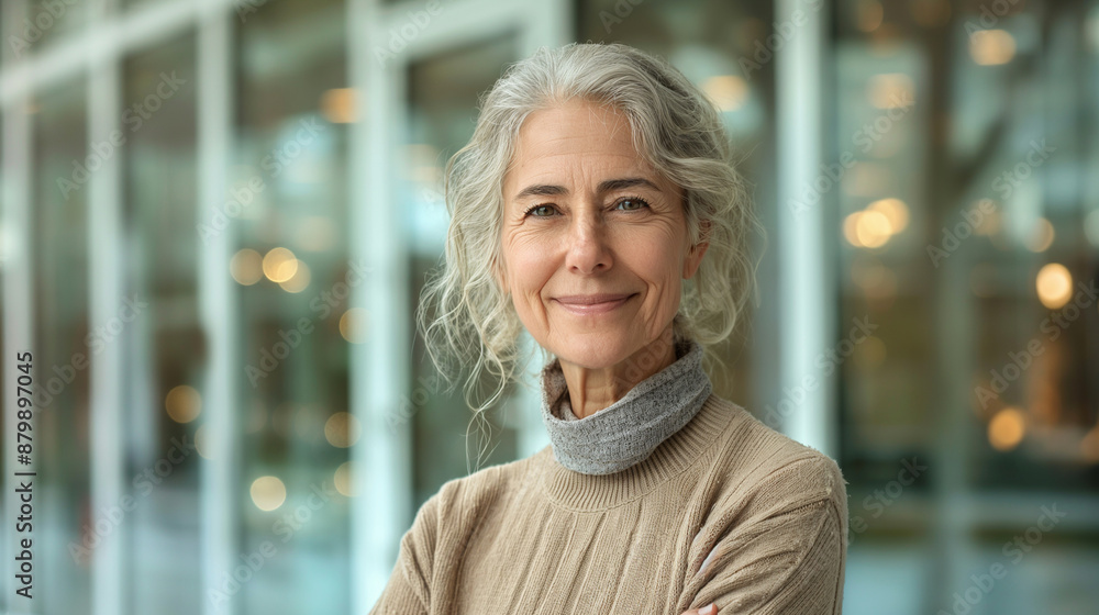 Fototapeta premium A telephoto angle photo of an older woman with a confident smile, standing in front of a glass office building, exuding professionalism and success, with copy space