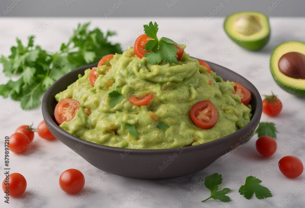 Freshly made guacamole with ripe avocados tomatoes onions and cilantro isolated on transparent backg Freshly made guacamole with ripe avocados tomatoes onions and cilantro isolated on transparent backg