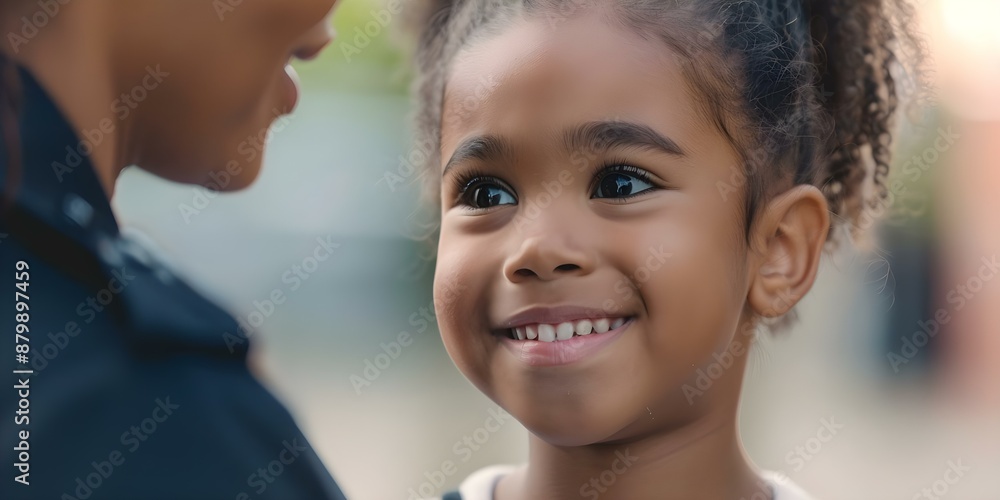 Female police officer engages in conversation with a young girl in the community. Concept Community Policing, Positive Interactions, Female Empowerment, Trust Building, Youth Engagement Female police officer engages in conversation with a young girl in the community. Concept Community Policing, Positive Interactions, Female Empowerment, Trust Building, Youth Engagement