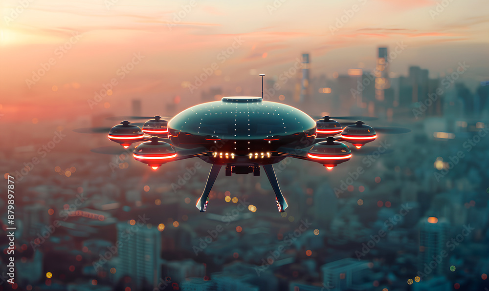 A sleek, black drone with glowing red lights flies over a cityscape at sunset A sleek, black drone with glowing red lights flies over a cityscape at sunset