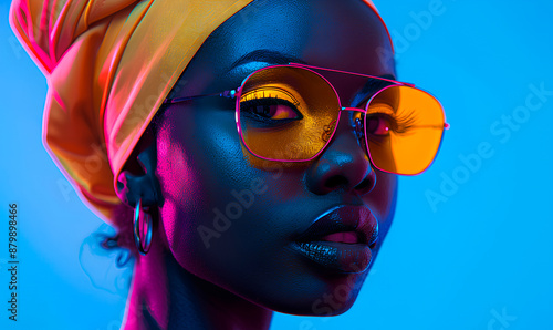 Woman wearing a yellow headscarf and sunglasses looking off to the side against a blue background