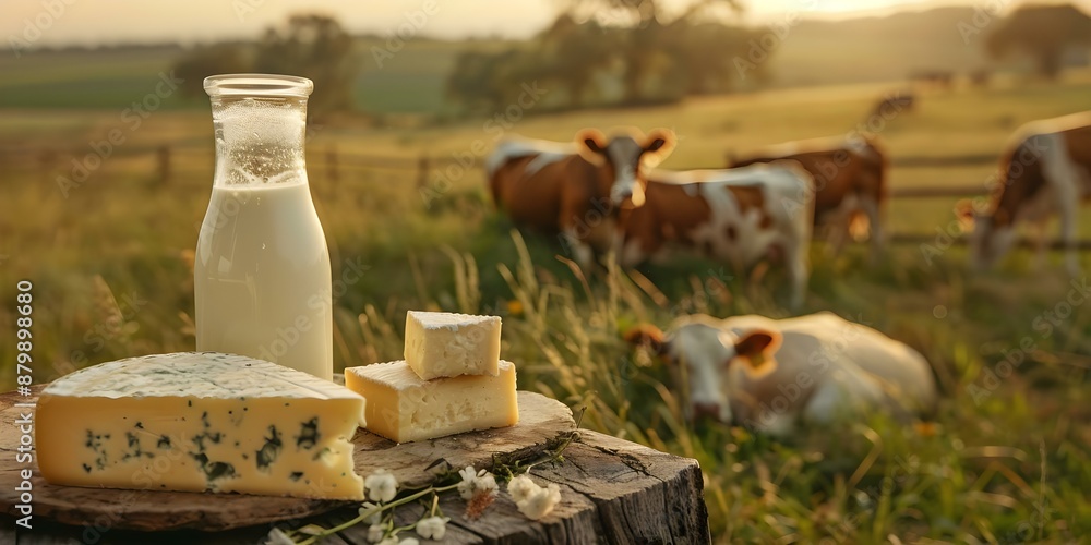 Agricultural Scene with Cows Grazing by a Table with Dairy Products. Concept Agricultural Scene, Cows Grazing, Table with Dairy Products Agricultural Scene with Cows Grazing by a Table with Dairy Products. Concept Agricultural Scene, Cows Grazing, Table with Dairy Products