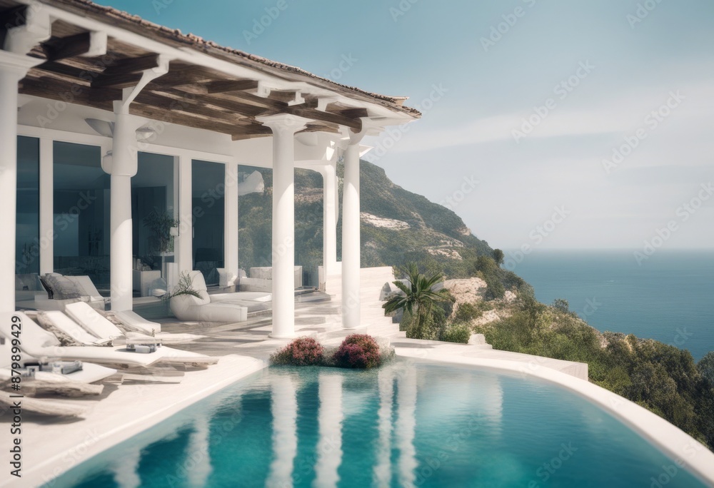 Obraz premium home lifestyle view blue villa poolside breathtaking swimmingpool sea hillside tranquility white vistas luxury beautiful