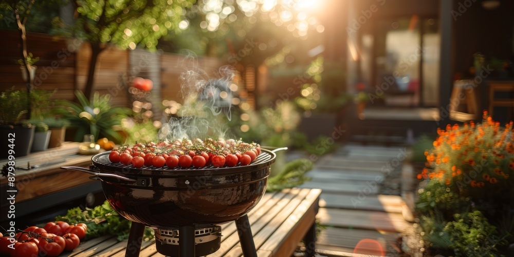 Barbecue setup in the backyard for National Barbecue Day, August 3rd, grilling food, summer ambiance, festive decorations Barbecue setup in the backyard for National Barbecue Day, August 3rd, grilling food, summer ambiance, festive decorations