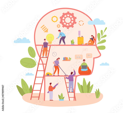 Personal self knowledge. Psychology development workshop, self growth skill mental mind improvement concept small people fulfillment idea order in abstract head illustration